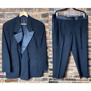 Bill Blass Vintage Black Wool Satin Trim Suit Coat & Pants Men's Size 46
